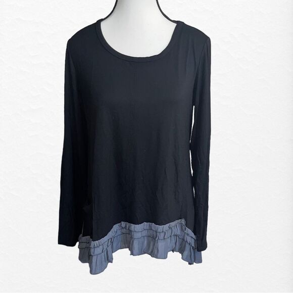 LOGO LORI GOLDSTEIN Rayon Ruffle Black Top with Asymmetric Hem Small A309802 - Picture 1 of 8